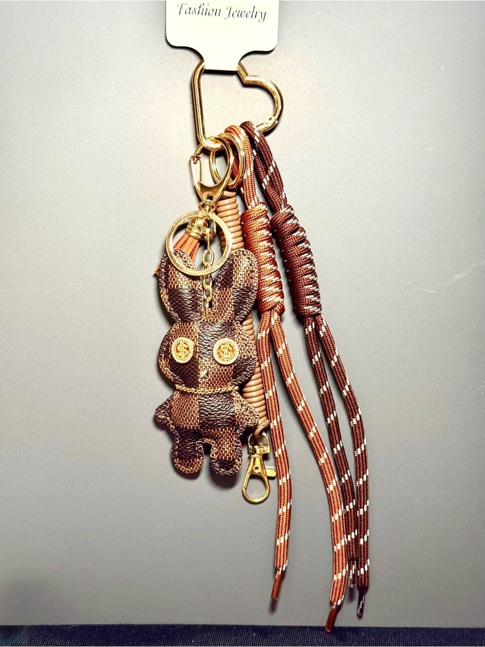 Brown Checkered Bunny Keychain Bag Charm Gold Dollar Sign Accents NWT